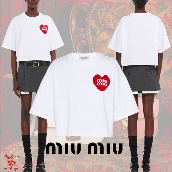 ◆ミュウミュウ クロップドコットンTシャツ 偽物 MJN385_11AC_F0009